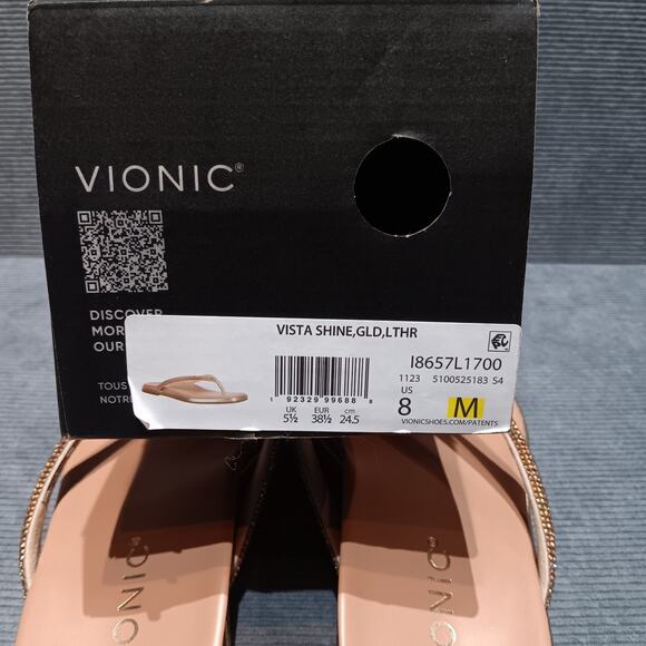 VIONIC Sparkle Vista Shine Toe Post Sandals Size 8 Gold Metallic Leather - Picture 10 of 11